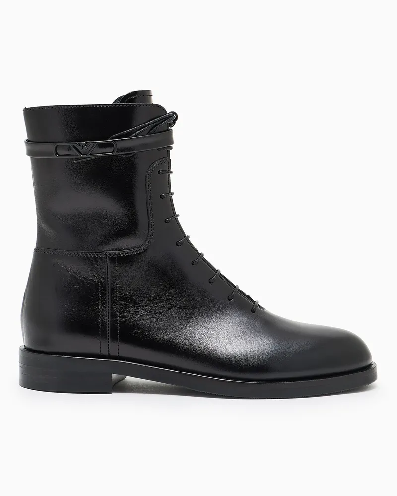 Emporio Armani Schnürstiefeletten aus Leder mit Logo-Riemen Schwarz