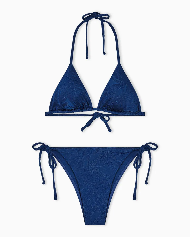 Emporio Armani Triangel-Bikini aus wattiertem Lycra und Foliage-Jacquard-Muster Blau
