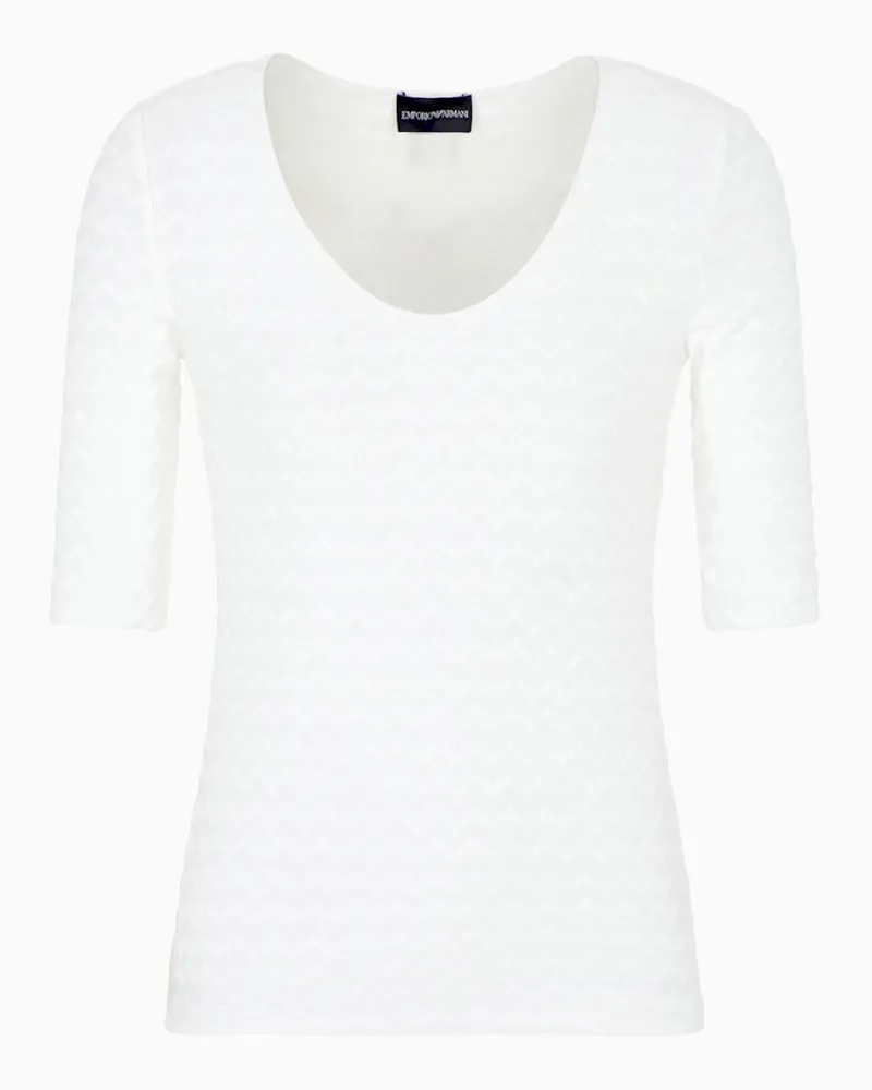 Emporio Armani Pullover mit V-Ausschnitt aus Bi-Stretch-Nylon-Jersey mit Jacquardmuster Weiß