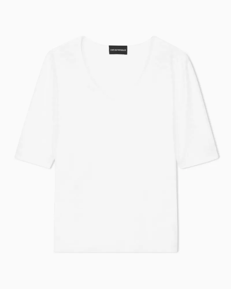 Emporio Armani Pullover mit V-Ausschnitt aus Bi-Stretch-Nylon-Jersey mit Jacquardmuster Weiß