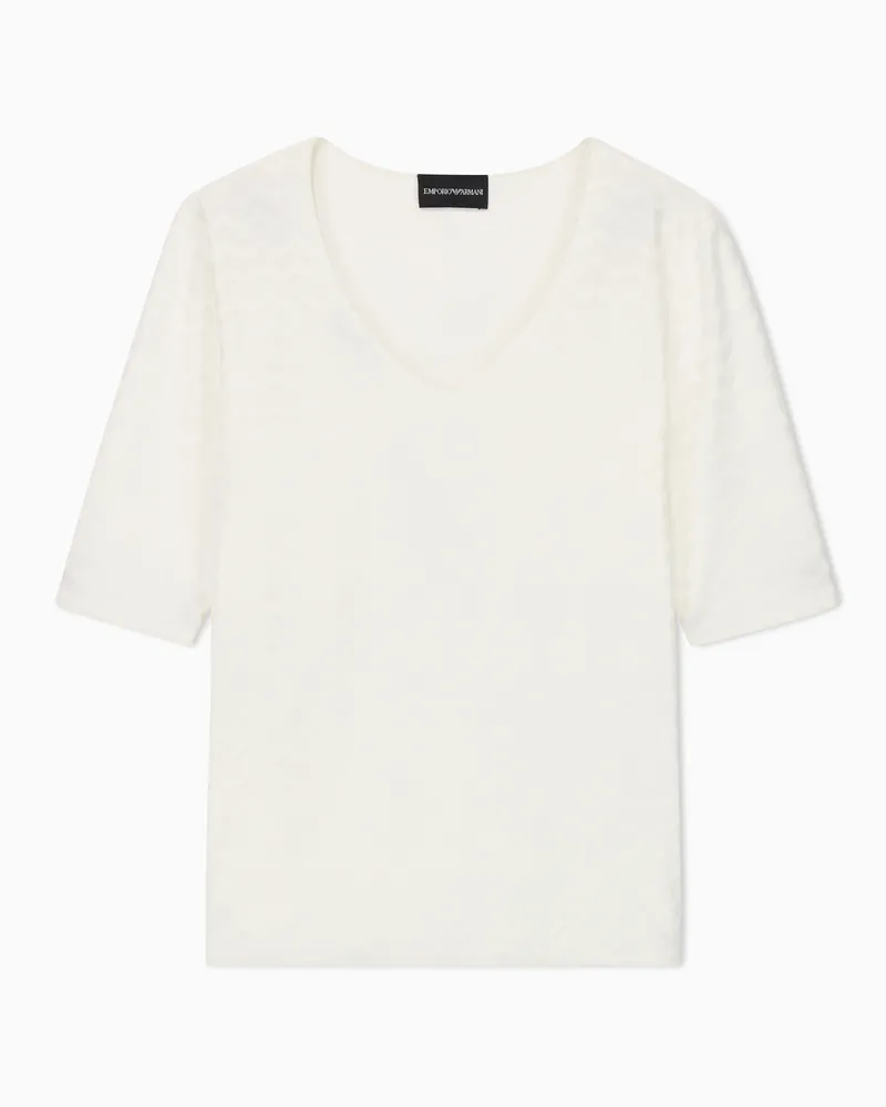 Emporio Armani Pullover mit V-Ausschnitt aus Bi-Stretch-Nylon-Jersey mit Jacquardmuster Weiß