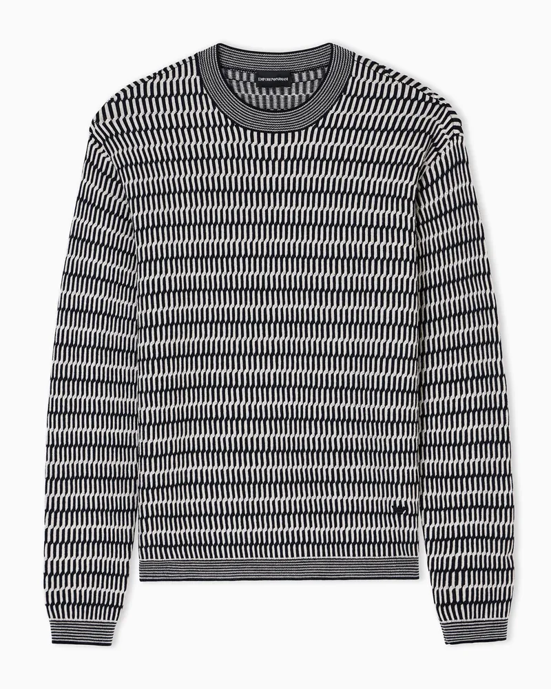Emporio Armani Zweifarbiger Jacquard-Stoff-Pullover aus Schurwolle mit Frottee-Strick Blau