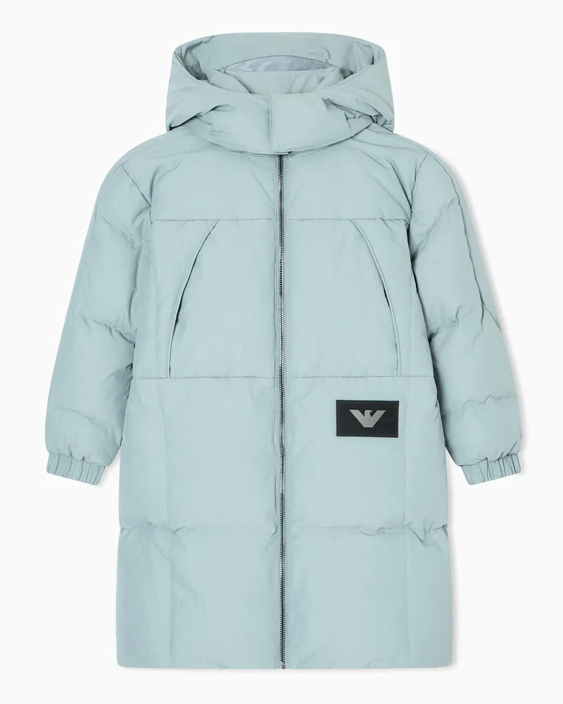 Emporio Armani ASV Lange Daunenjacke mit Logo-Patch und recycelten Federn Hellblau