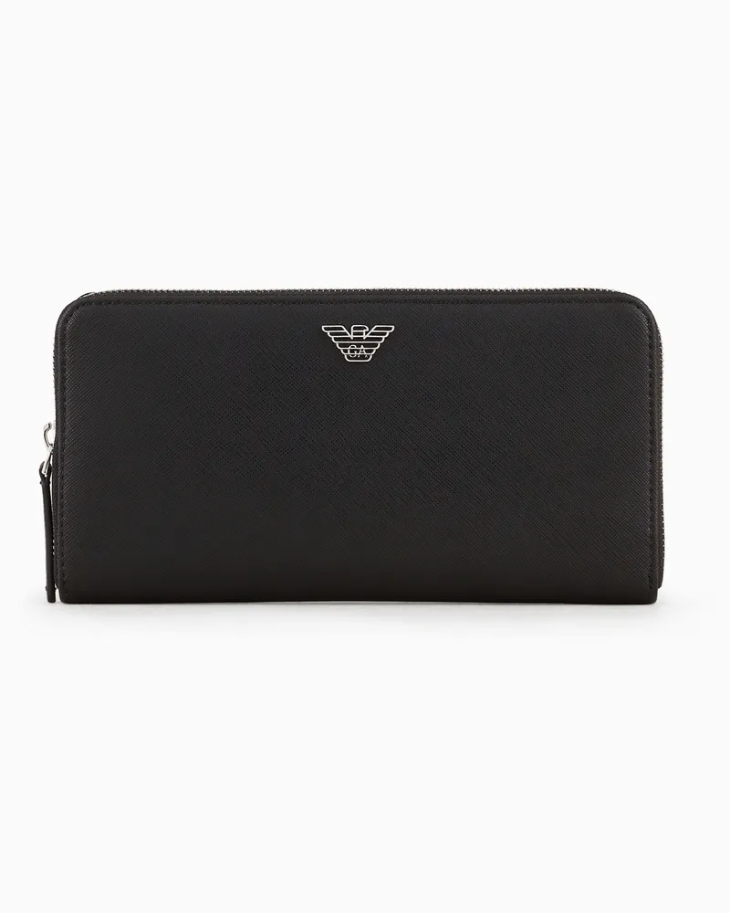 Emporio Armani ASV Portemonnaie mit Rundum-Reißverschluss aus wiederaufbereitetem Saffiano-Leder mit Adler-Plakette Schwarz