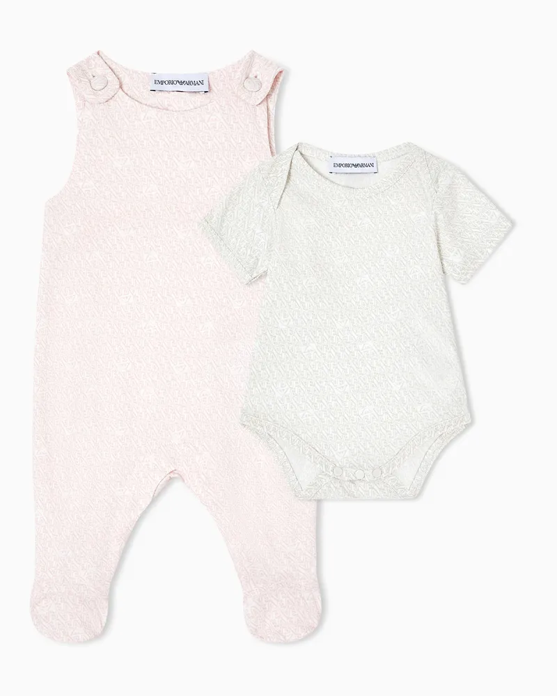 Emporio Armani Jumpsuit and 2 bodysuits in all-over EA logo jersey Beige
