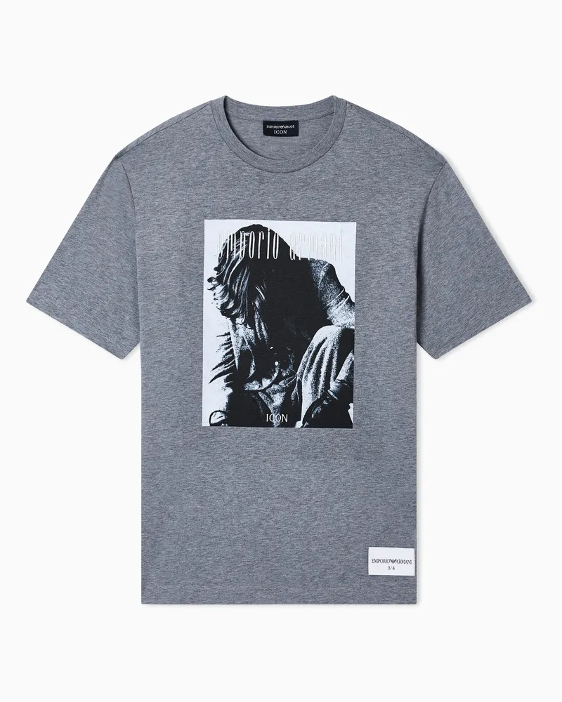 Emporio Armani Jersey T-shirt with photographic print and Icon embroidery Grau