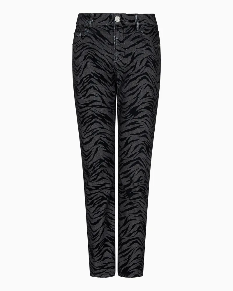 Emporio Armani Slim Fit Jeans J36 aus stückgefärbtem Drillich mit Flock-Tiermuster Schwarz