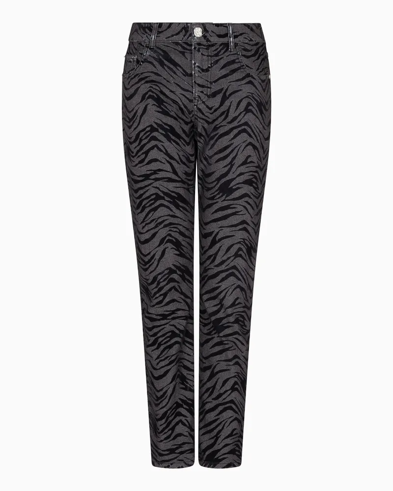 Emporio Armani Slim Fit Jeans J36 aus stückgefärbtem Drillich mit Flock-Tiermuster Schwarz