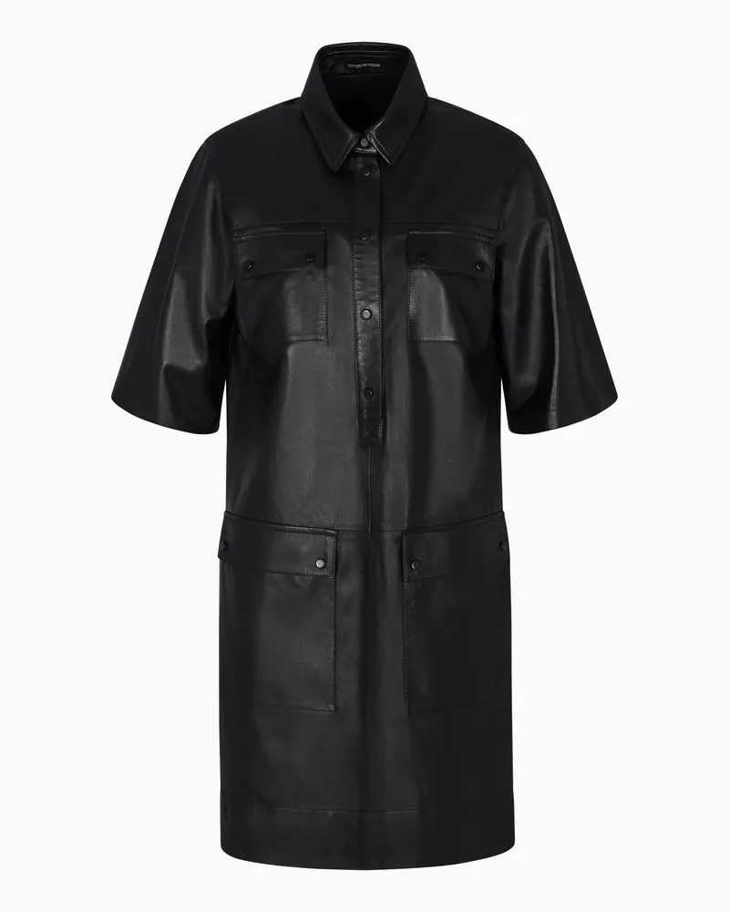 Emporio Armani Kleid mit kurzen Ärmeln aus Lammnappaleder Schwarz