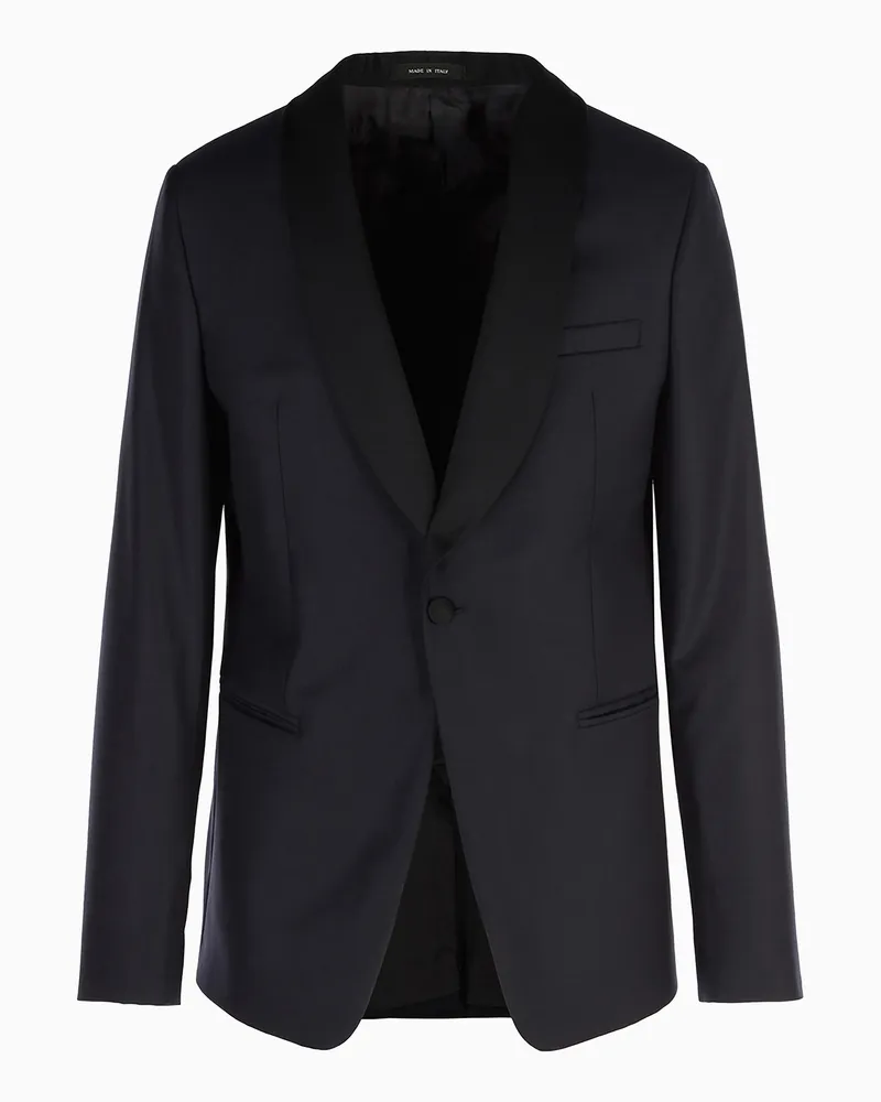 Emporio Armani Einreihiges Sakko aus gekämmtem Schurwollfresko mit Schalrevers aus Satin Marineblau