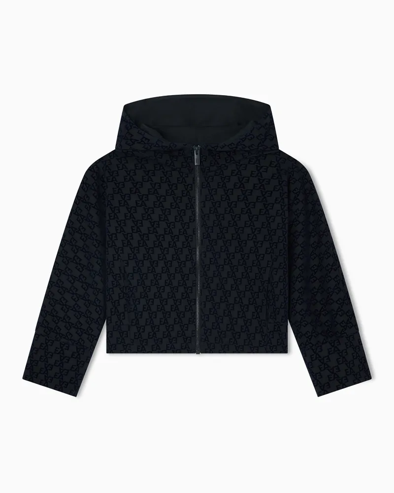 Emporio Armani Sweatshirt mit Kapuze und Reißverschluss, gefertigt aus Jersey-Interlock mit geflocktem Allover-EA-Logo Marineblau