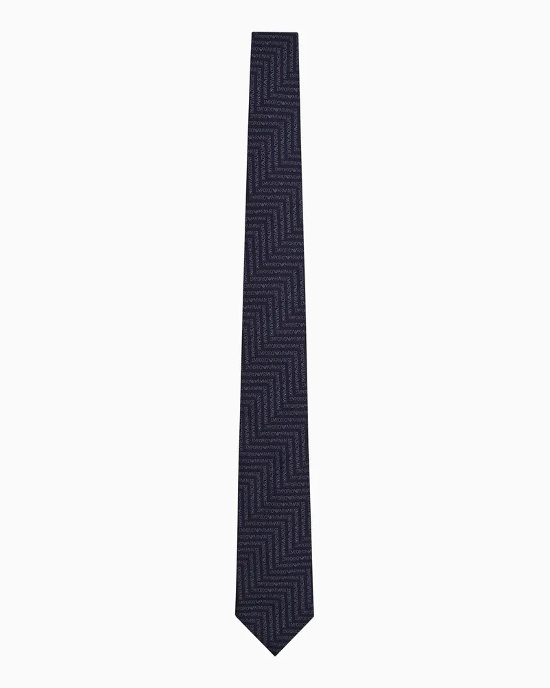 Emporio Armani Krawatte aus reiner Seide mit Schriftzug und Chevron-Motiv in Jacquard-Stoff-Verarbeitung Blau