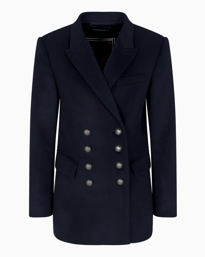 Emporio Armani Zweireihiger Blazer aus kompakter Wolle und Kaschmir Marineblau