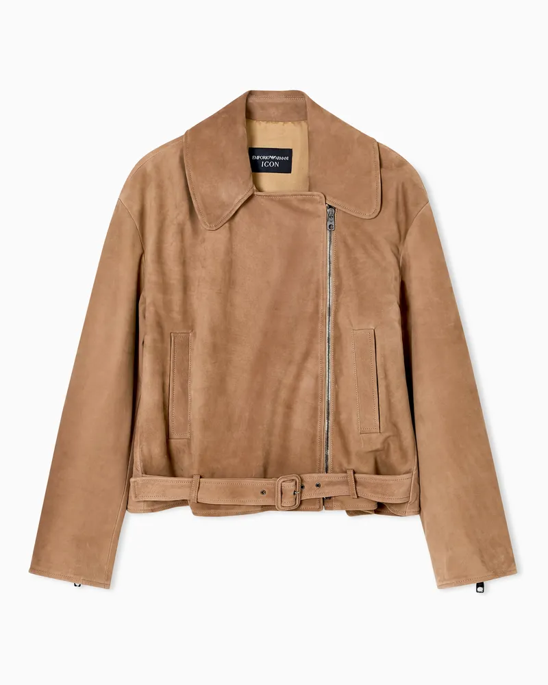 Emporio Armani Icon Biker-Jacke aus Nubuk-Kalbsleder mit Symbol Beige