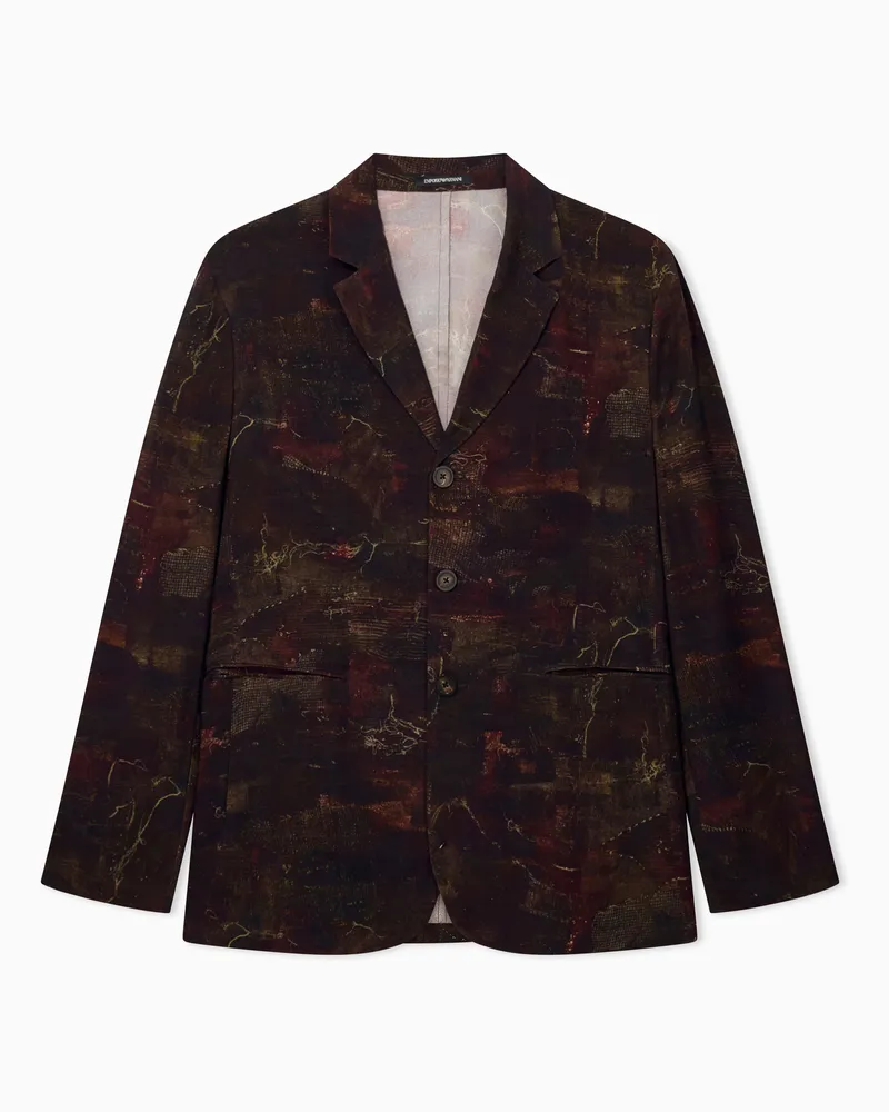 Emporio Armani Einreihiges Sakko aus Cupro-Twill mit Allover-Print Braun