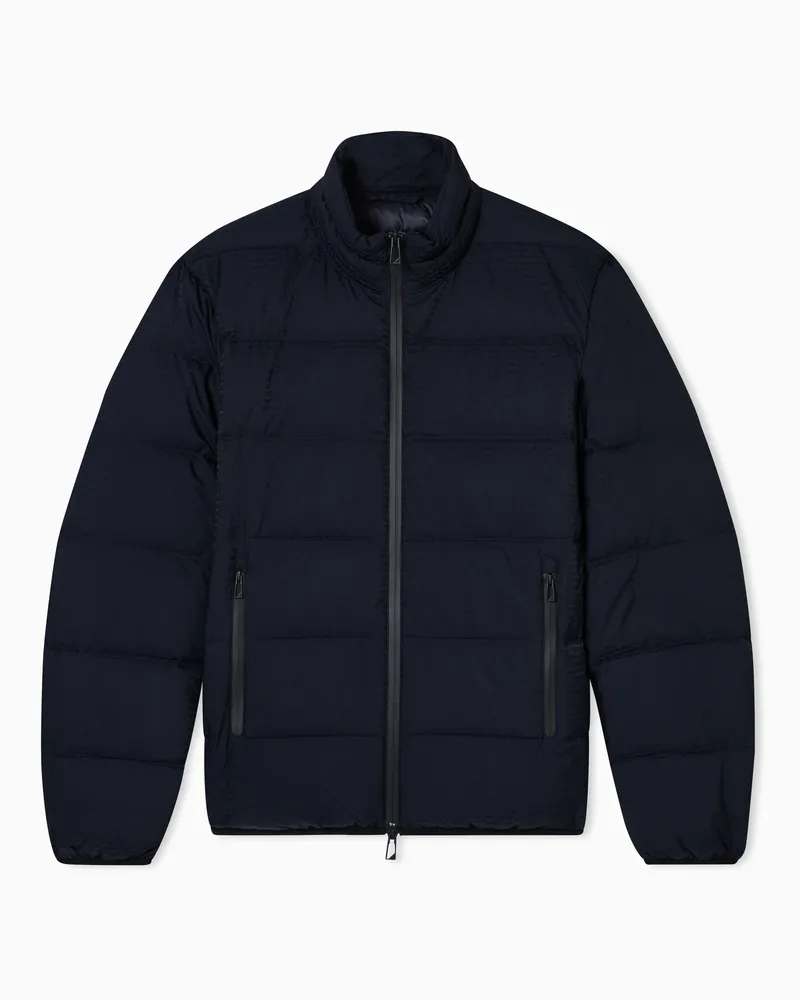 Emporio Armani Gesteppte, wasserabweisende Daunenjacke aus Nylon mit Schriftzug aus Jacquard-Stoff Marineblau