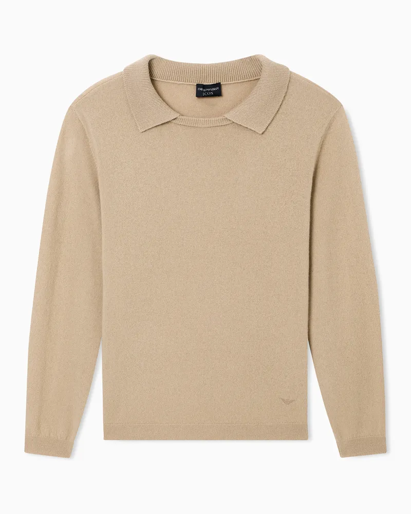 Emporio Armani Icon Pullover aus Kaschmir mit Polokragen und 2-teiliger Optik Beige