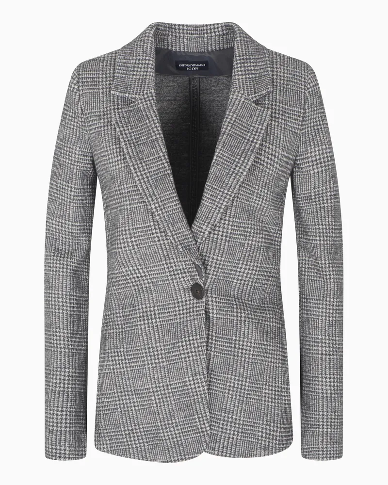 Emporio Armani Icon Blazer, einreihig, aus kompaktem Jersey-Strick mit Prince-of-Wales-Muster Grau