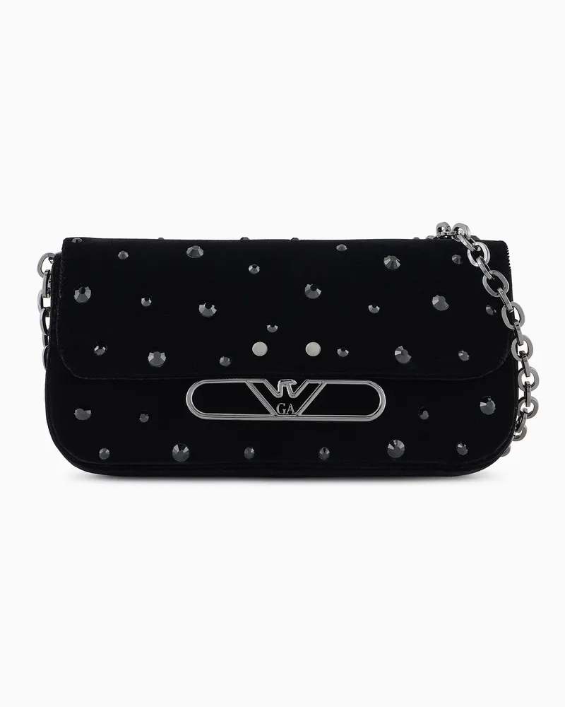 Emporio Armani Mini-Umhängetasche aus Samt mit Strass und Adler-Logo aus Metall Schwarz