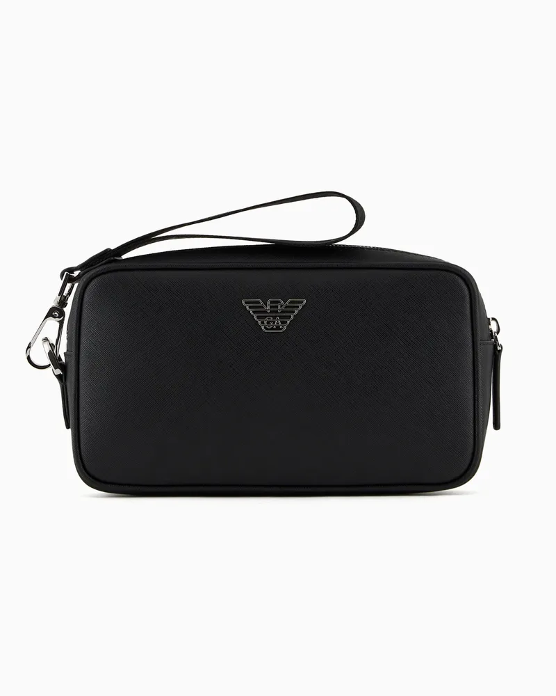 Emporio Armani ASV Beauty-Case aus neu aufbereitetem Saffiano-Leder mit Adler-Plakette Schwarz