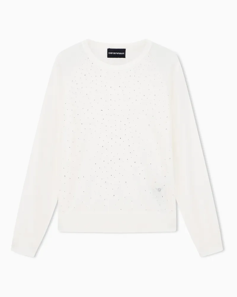 Emporio Armani Pullover aus Schurwolle in Glattstrick mit Mikro-Strass Weiß