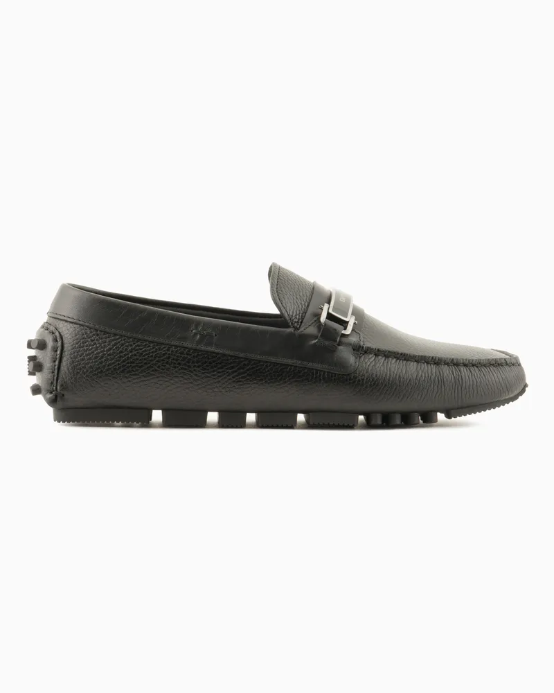 Emporio Armani Driver-Mokassins aus genarbtem Leder mit Steigbügeldetail Schwarz
