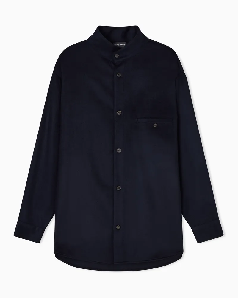 Emporio Armani Oversize-Hemd aus Schurwolle mit Grandad-Kragen Marineblau