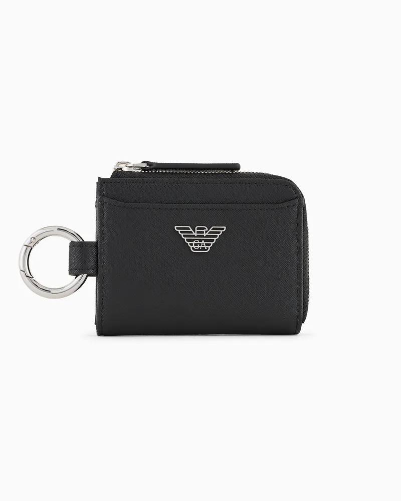 Emporio Armani ASV Portemonnaie aus wiederaufbereitetem Leder mit Adler-Plakette und Karabinerhaken Schwarz
