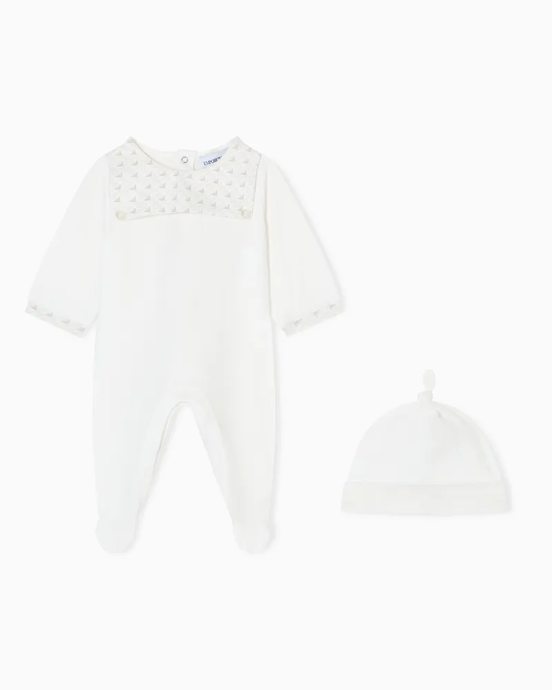 Emporio Armani Set aus Jersey-Strampler und Mütze mit optischem Adlerdetail Beige