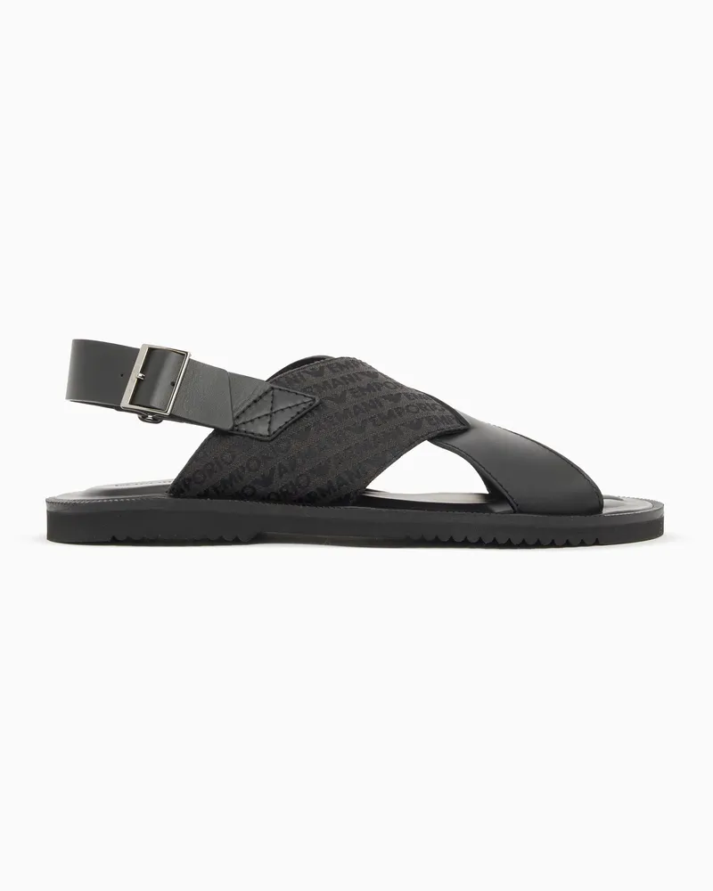 Emporio Armani Crossed-Sandalen aus Leder und Jacquard-Stoff Schwarz
