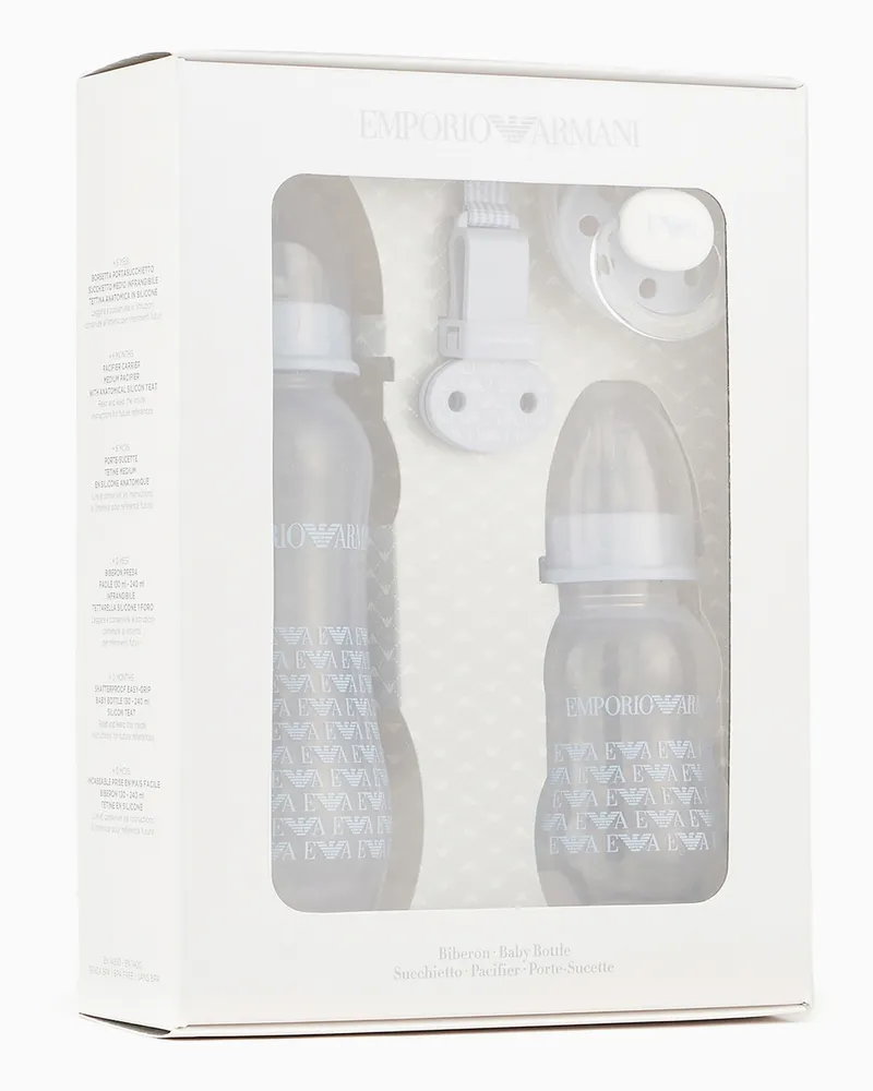 Emporio Armani Babycare-Geschenkset mit zwei Trinkflaschen, Schnuller und Kordel mit Clip Hellblau