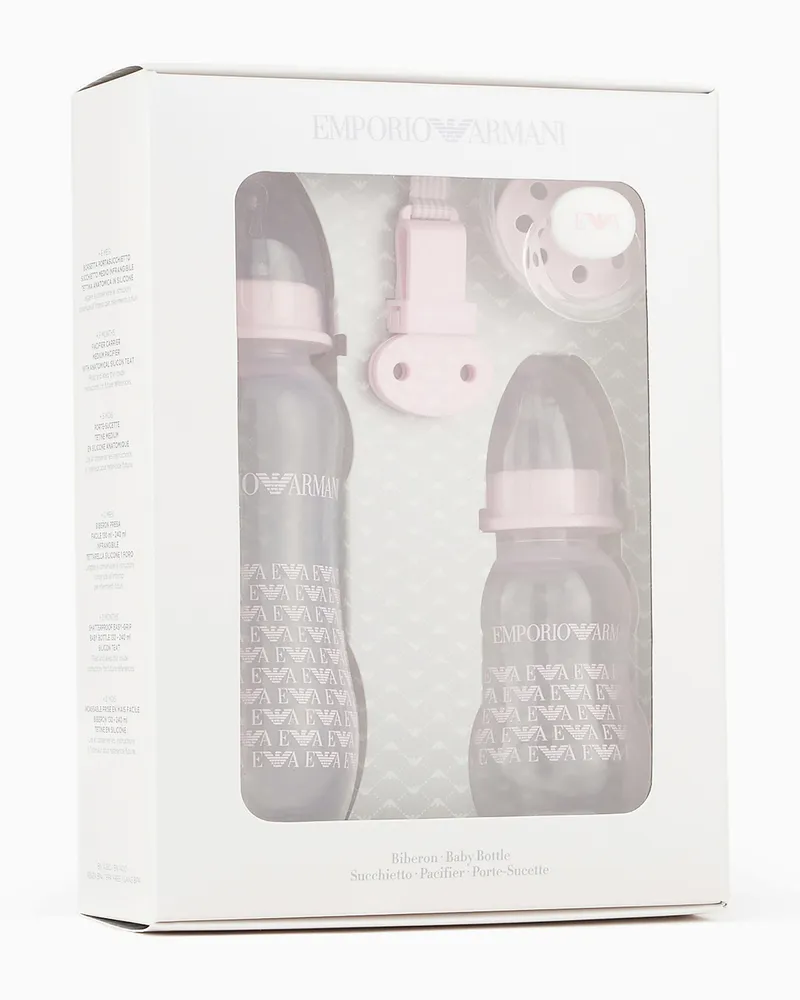 Emporio Armani Babycare-Geschenkset mit zwei Trinkflaschen, Schnuller und Kordel mit Clip Pink