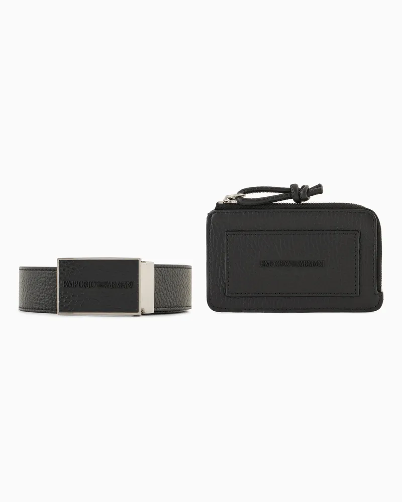 Emporio Armani Geschenkset aus Gürtel und Kartenetui aus getrommeltem Leder Schwarz