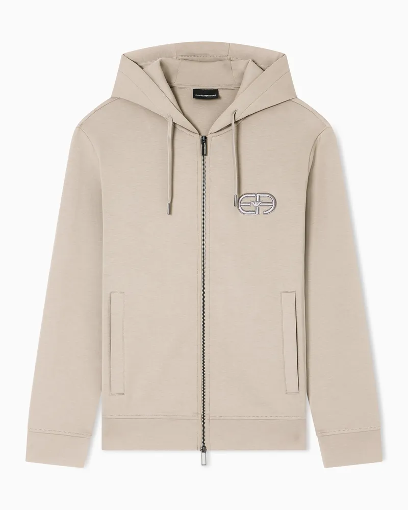 Emporio Armani Sweatshirt mit Reißverschluss und Kapuze aus Doppeljersey mit gesticktem EA-Logo in Reliefoptik Beige