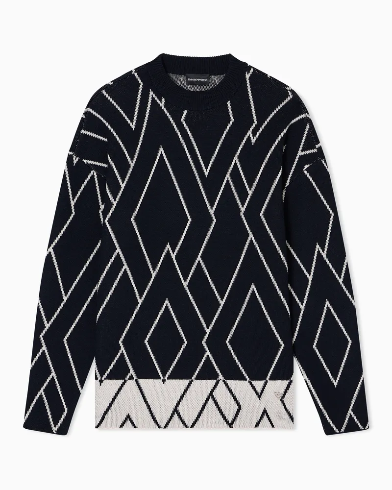 Emporio Armani Pullover aus Schurwolle mit geometrischem Frottee-Muster in Jacquard-Stoff-Verarbeitung Blau