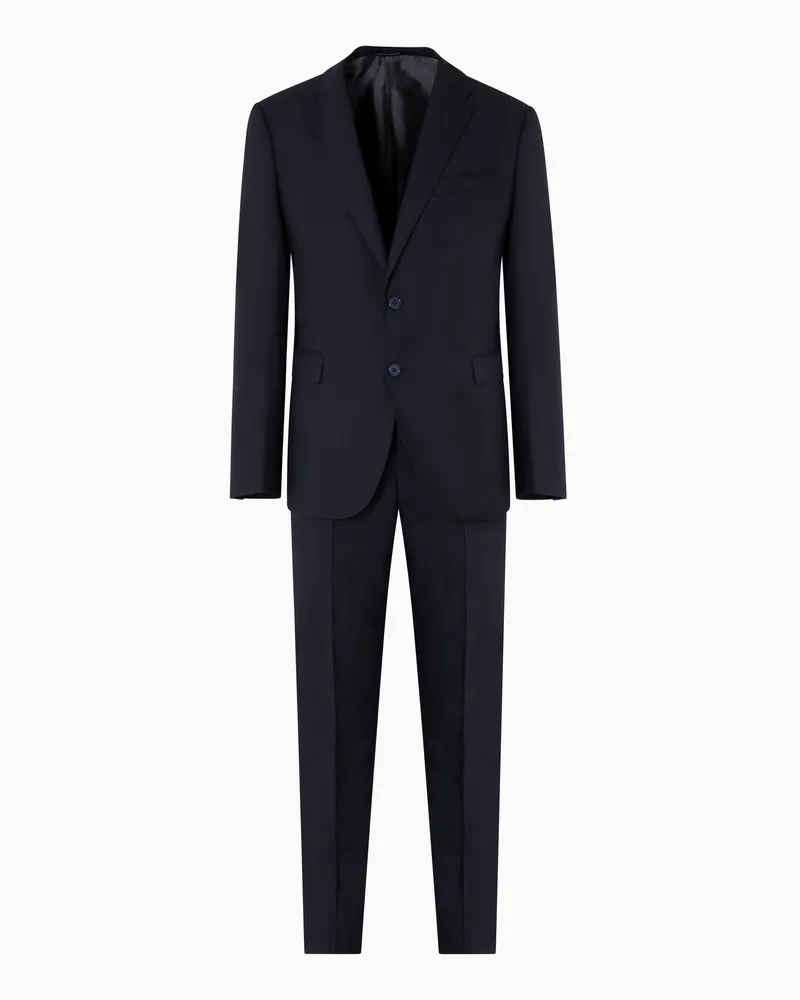 Emporio Armani Einreihiger Anzug in Regular Fit aus natürlichem Stretch-Wollfresko mit Tropenmuster Marineblau