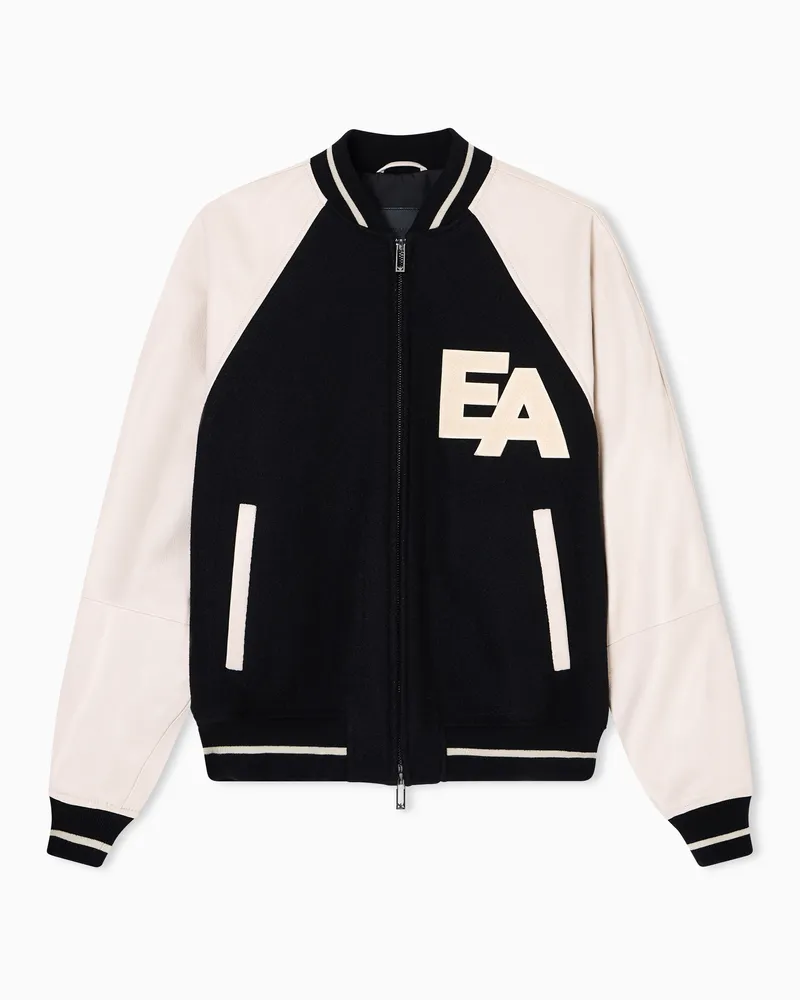 Emporio Armani Bomberjacke aus Wolle mit Ärmeln aus Nappa und großem EA-Aufnäher Beige