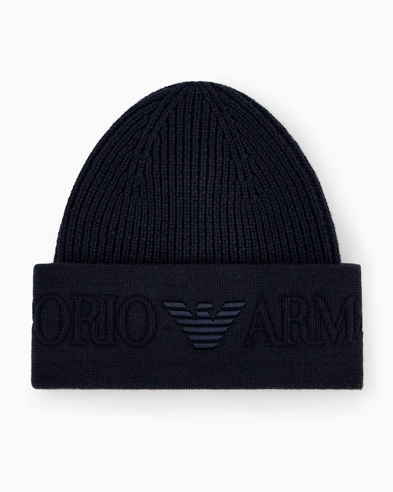 Emporio Armani Beanie aus Schurwolle im Rippstrick mit Umschlag und Logo Marineblau