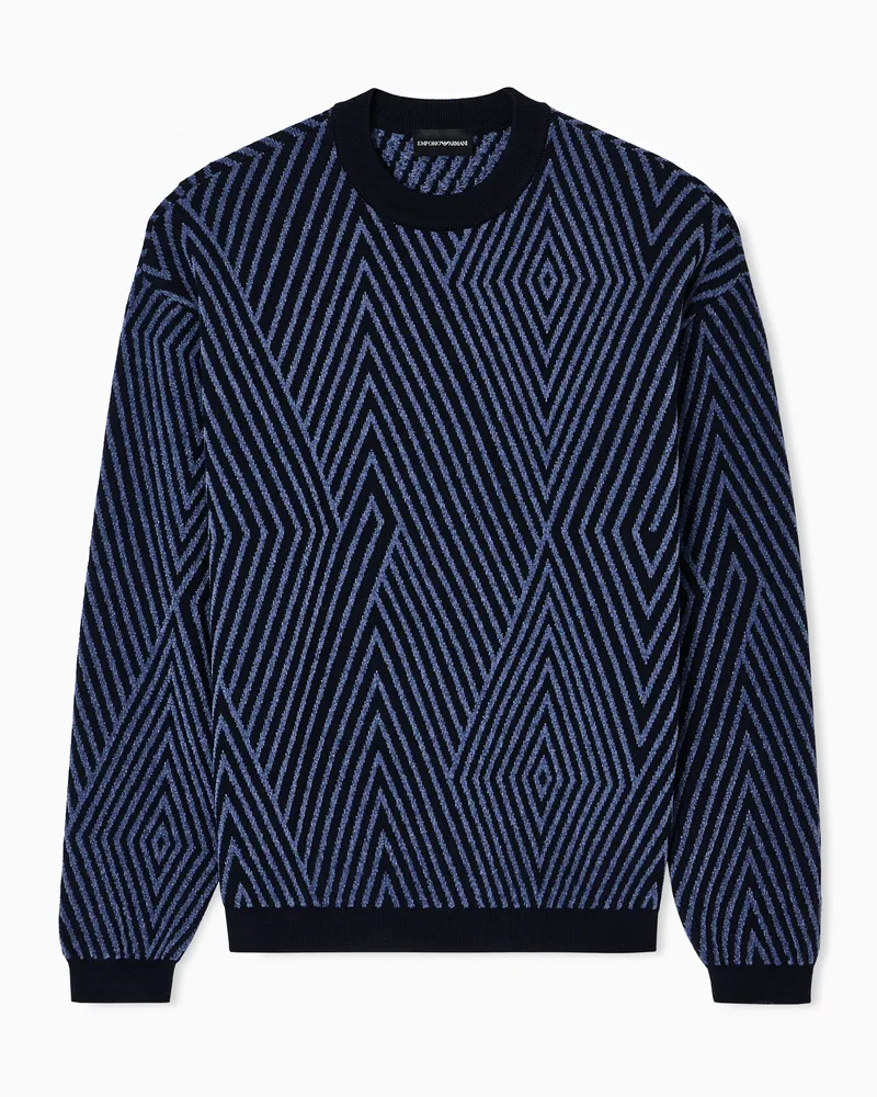 Emporio Armani Maxi-Pullover aus einer Schurwoll-Mischung, gefertigt Jacquard-Stoff in Rautenoptik Blau