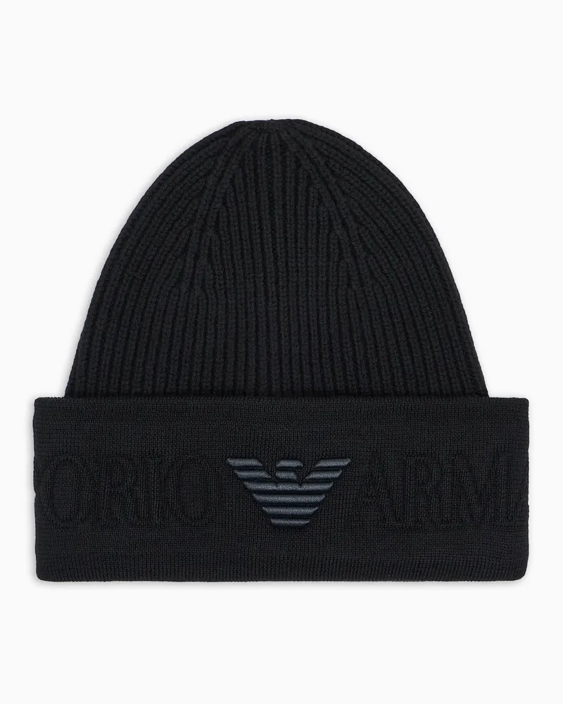 Emporio Armani Mütze mit Umschlag, gefertigt aus Wolle Schwarz