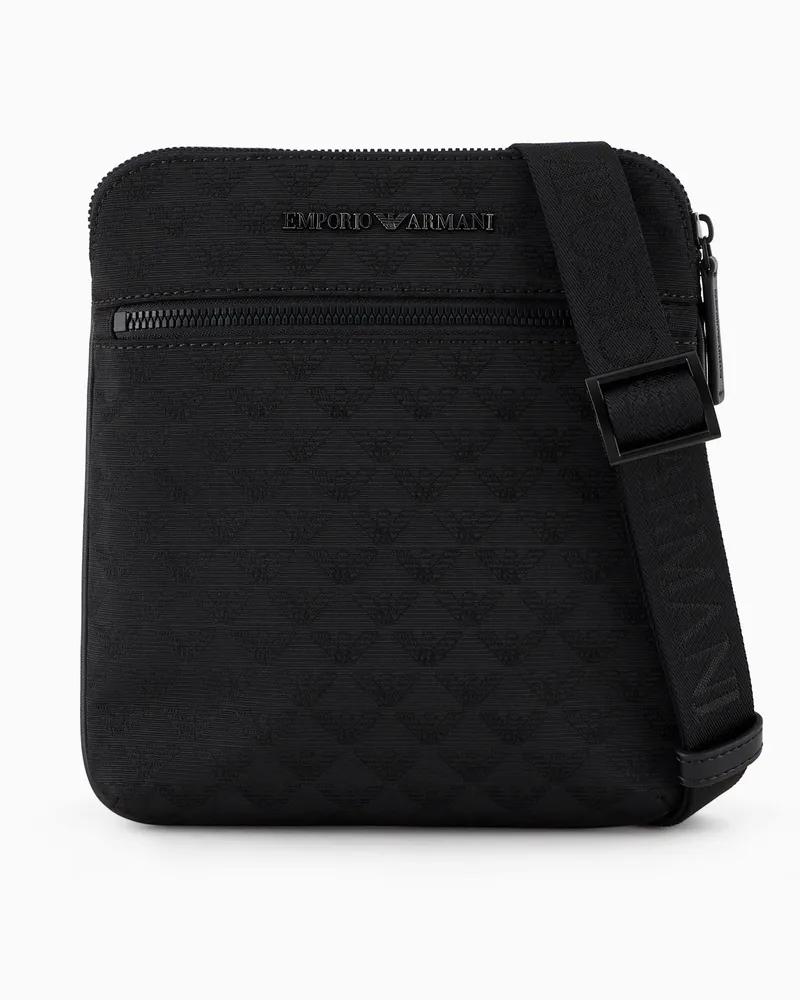 Emporio Armani Flache Umhängetasche aus Nylon-Jacquard mit durchgehendem Adlermotiv Schwarz
