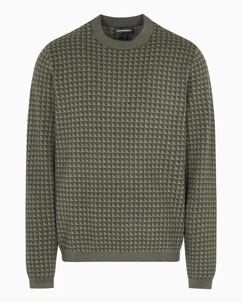 Emporio Armani Pullover aus Schurwolle in Jacquard-Stoff-Verarbeitung mit wiederholtem Adler-Muster Grün