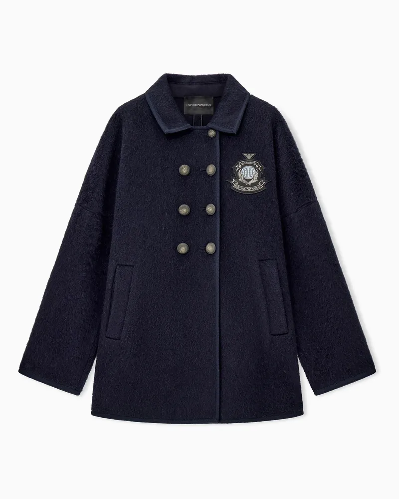 Emporio Armani Zweireihige Cabanjacke aus Wollmix mit Mohair und Aufnäher Blau