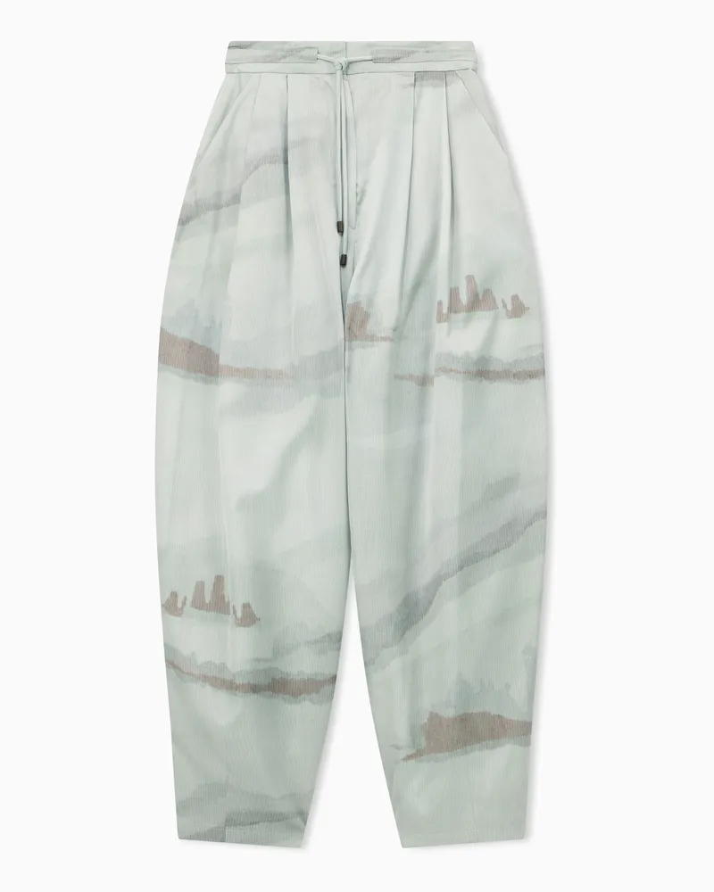 Emporio Armani Weite Satinhose mit Landschaftsdruck und Kordelzug Grau