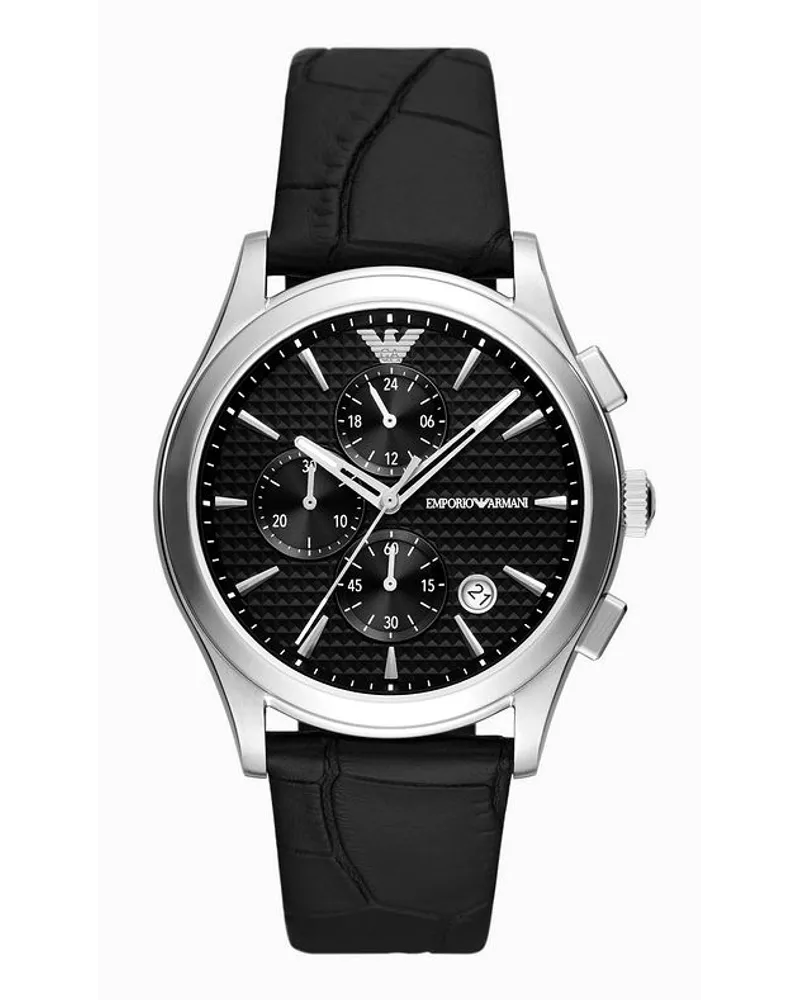 Emporio Armani Chronograph aus Schwarzem Leder Gemustert