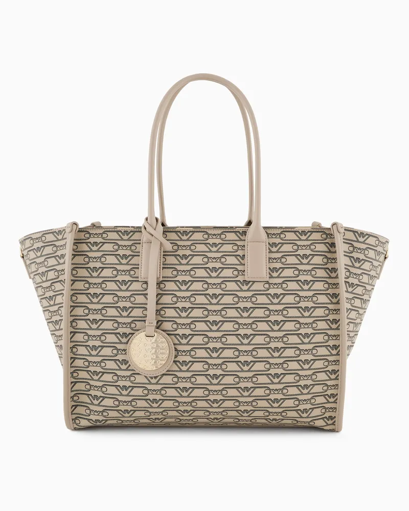 Emporio Armani Mittelgroßer Shopper mit Allover-Monogramm-Print Beige