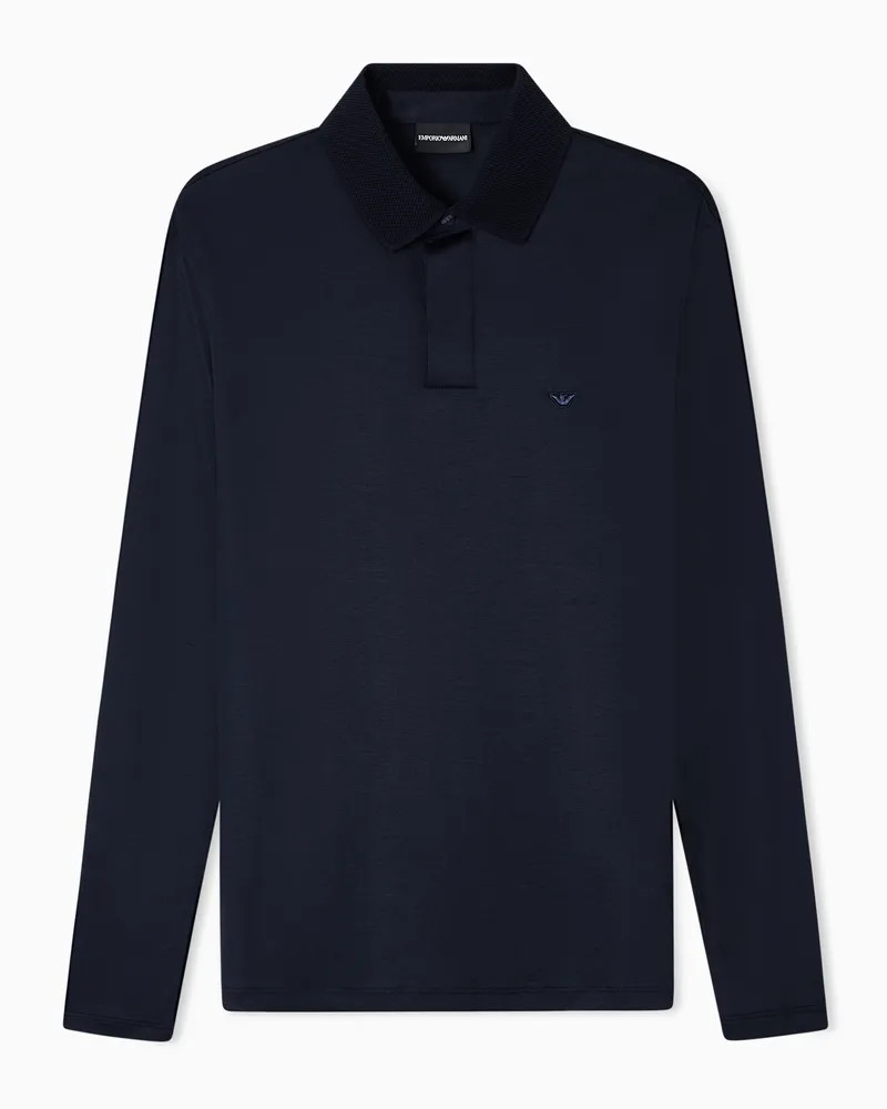 Emporio Armani Langärmliges Poloshirt aus Lyocell-Jersey-Mischung mit gewölbtem Mikro-Adler Marineblau