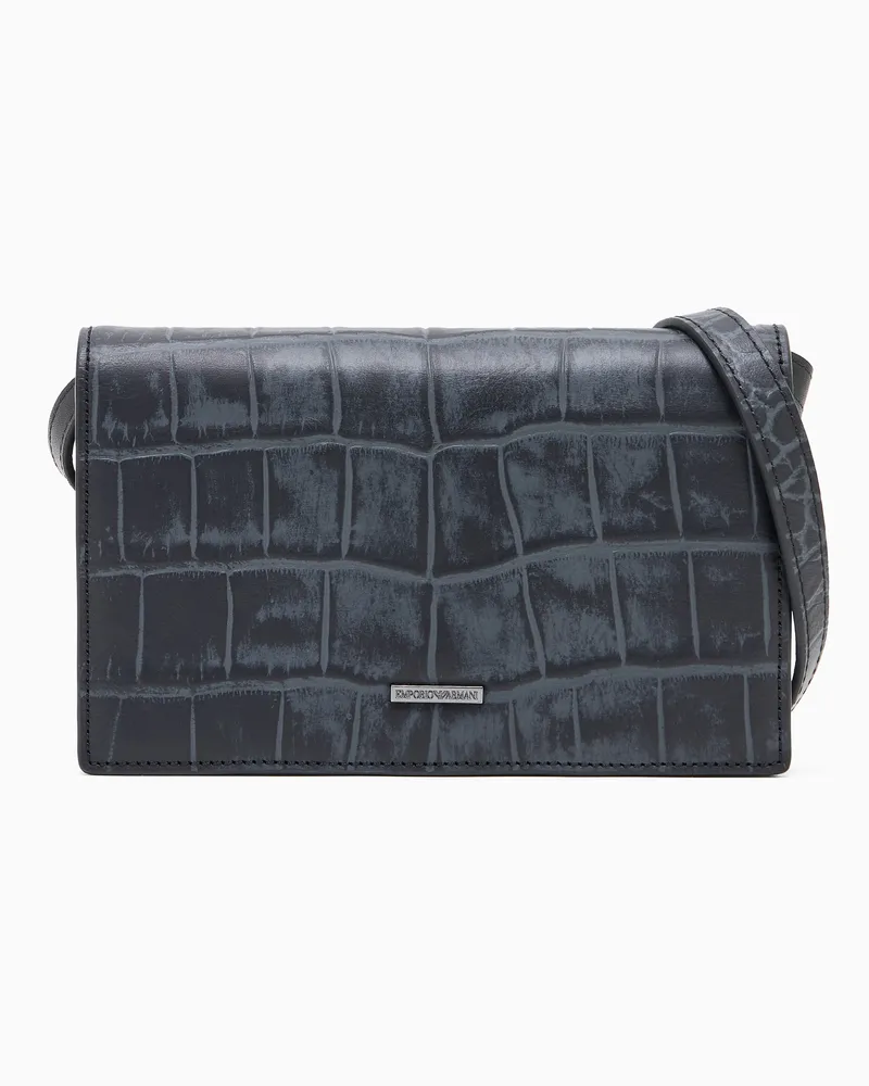 Emporio Armani Tech-Case mit Schultergurt, gefertigt aus Leder mit Kroko-Print Schwarz