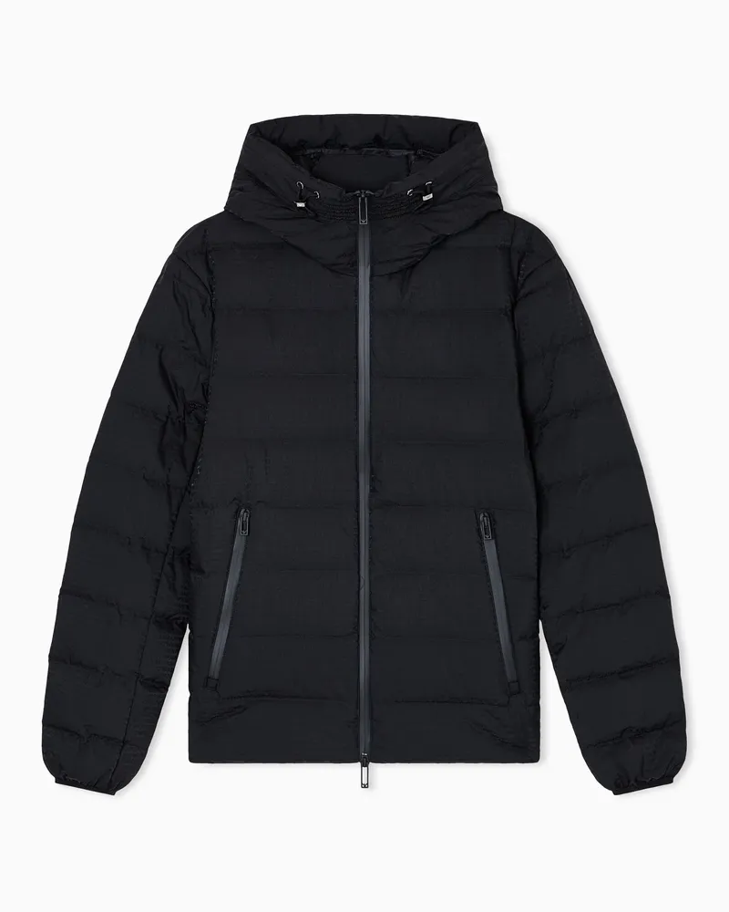Emporio Armani Gesteppte Daunenjacke aus Nylon mit Kapuze und Schriftzug aus Jacquard-Stoff Schwarz