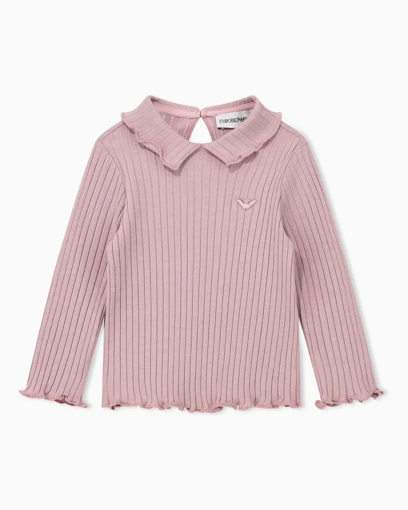 Emporio Armani Geripptes Baumwoll-Langarmshirt mit einem Rüschenkragen Pink